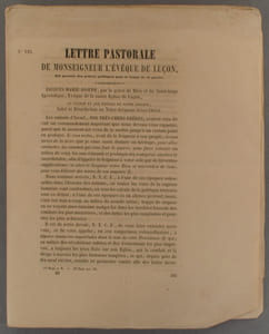 Lettre pastorale de Monseigneur l'évêque de Luçon, qui prescrit des prières publiques pour le temps de la guerre (de Crimée). Suivi de : Lettre circulaire de Monseigneur l'évêque de Luçon, qui transmet au clergé de son diocèse deux indults apostoliques, au sujet des litanies de la Sainte-Vierge et de la bénédiction des cloches. Avis important sur les patrons, les titulaires, les fêtes locales, etc.