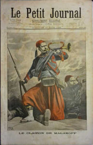 Le Petit journal - Supplément illustré N° 384 : Le clairon de Malakoff (Gravure en première page). Gravure en dernière page : Cyclone à Mayotte.