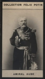Photographie de la collection Félix Potin (4 x 7,5 cm) représentant : Amiral Hyacinthe-Laurent-Théophile Aube.