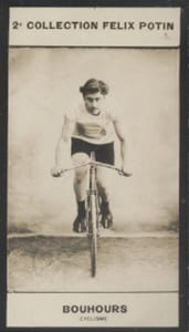 Photographie de la collection Félix Potin (4 x 7,5 cm) représentant : Jules Bouhours, cycliste.