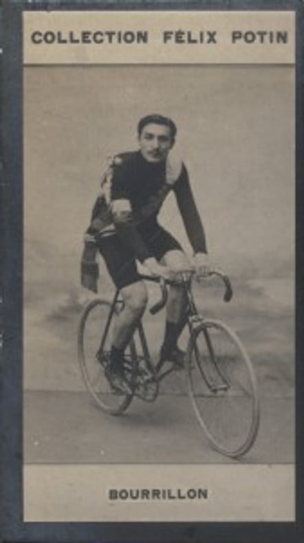 Photographie de la collection Félix Potin (4 x 7,5 cm) représentant : Bourrillon, cycliste.. BOURRILLON (Paul-Ernest) 