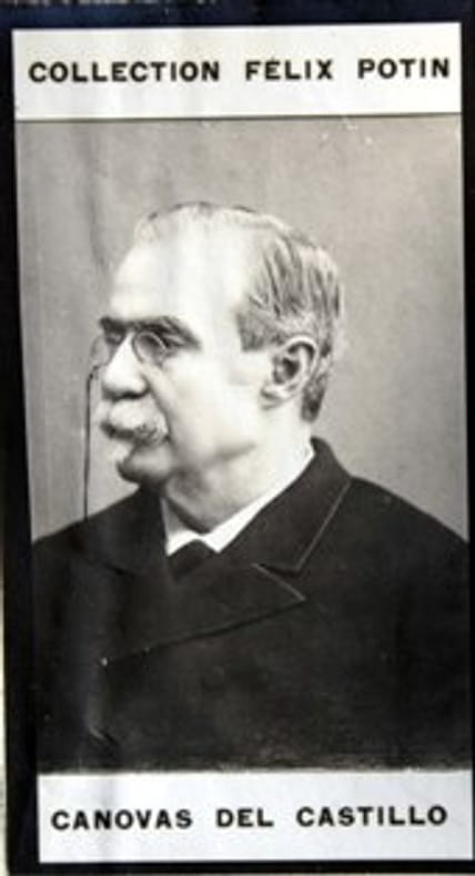 Photographie de la collection Félix Potin (4 x 7,5 cm) représentant : Antonio Canovas Del Castillo, homme politique espagnol.. CANOVAS DEL CASTILLO ...