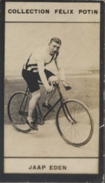 Photographie de la collection F&eacute;lix Potin (4 x 7,5 cm) repr&eacute;sentant : Jaap Eden, coureur cycliste.. EDEN (Jaap) Photo Barenne.