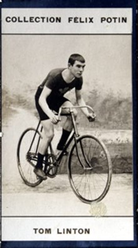 Photographie de la collection Félix Potin (4 x 7,5 cm) représentant : Tom Linton, cycliste.. LINTON (Tom) 