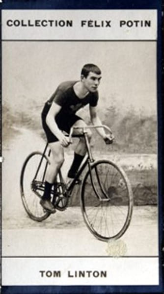 Photographie de la collection F&eacute;lix Potin (4 x 7,5 cm) repr&eacute;sentant : Tom Linton, cycliste.. LINTON (Tom) 