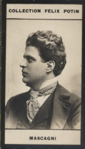 Photographie de la collection F&eacute;lix Potin (4 x 7,5 cm) repr&eacute;sentant : Pietro Mascagni, musicien.. MASCAGNI (Pietro) 