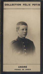 Photographie de la collection F&eacute;lix Potin (4 x 7,5 cm) repr&eacute;sentant : Andr&eacute; - Prince de Gr&egrave;ce, n&eacute; &agrave; Ath&egrave;nes en 1882.. ANDRE - Prince de Gr&egrave;ce. 