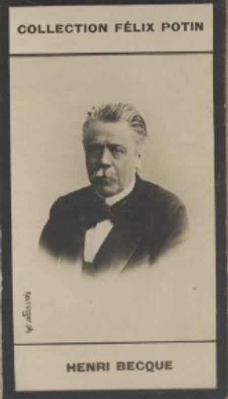 Photographie de la collection Félix Potin (4 x 7,5 cm) représentant : Henri Becque, homme de lettres.. BECQUE (Henri) Photo Reutlinger.