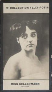 Photographie de la collection Félix Potin (4 x 7,5 cm) représentant : Miss Maud Kellermann.