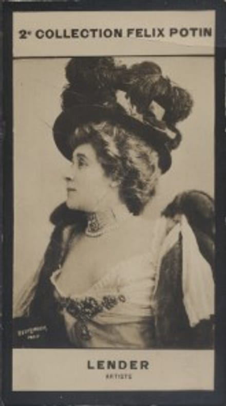 Photographie de la collection Félix Potin (4 x 7,5 cm) représentant : Mademoiselle Marcelle Lender, comédienne.. LENDER (Marcelle) - (Photo de la 2e ...