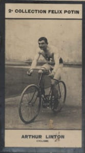 Photographie de la collection Félix Potin (4 x 7,5 cm) représentant : Arthur Linton, cycliste.