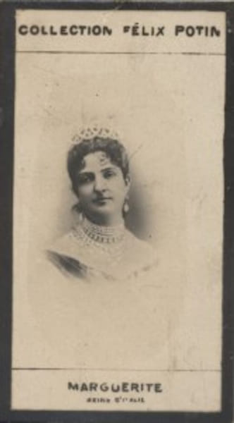 Photographie de la collection F&eacute;lix Potin (4 x 7,5 cm) repr&eacute;sentant : Reine Marguerite d'Italie.. MARGUERITE (Reine d'Italie) 