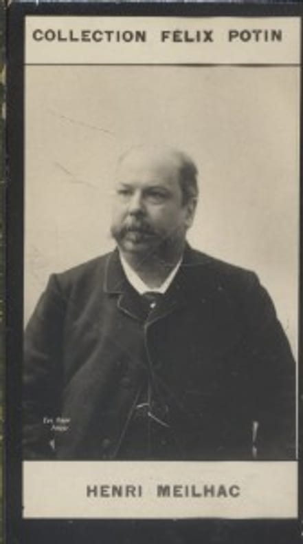 Photographie de la collection Félix Potin (4 x 7,5 cm) représentant : Henri Meilhac, auteur dramatique.. MEILHAC (Henri) Photo Pirou.