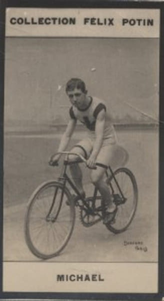 Photographie de la collection F&eacute;lix Potin (4 x 7,5 cm) repr&eacute;sentant : Micha&euml;l, coureur cycliste.. MICHAEL Photo Barenne.
