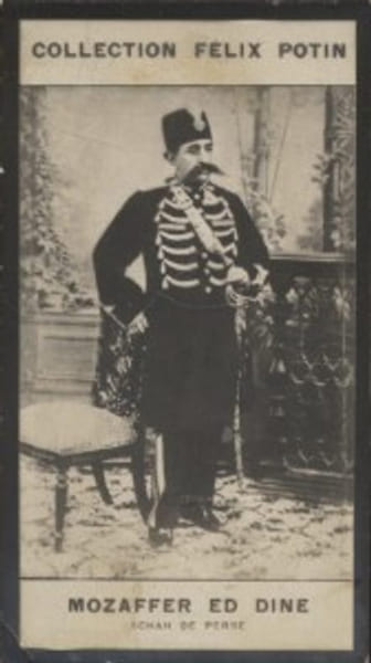 Photographie de la collection F&eacute;lix Potin (4 x 7,5 cm) repr&eacute;sentant : Mozaffer-Ed-Dine - Shah de Perse.. MOZAFFER-ED-DINE 