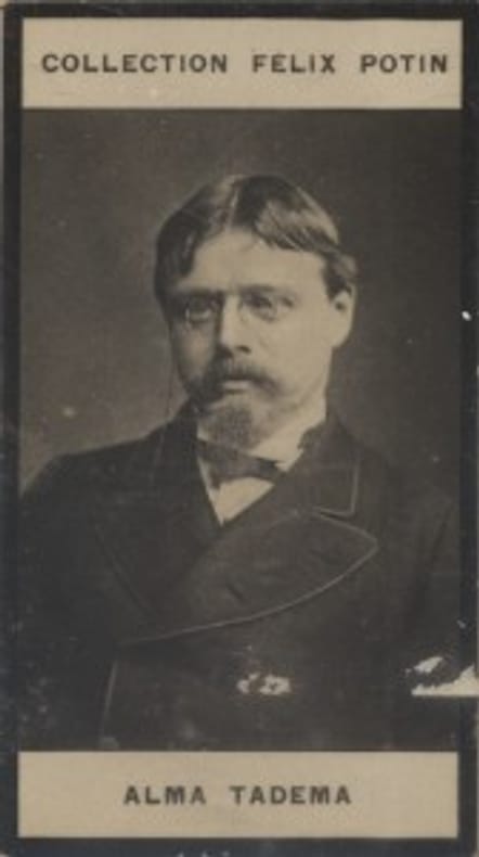 Photographie de la collection Félix Potin (4 x 7,5 cm) représentant : Alma Tadema, peintre.. TADEMA Alma - (Photo de la 2e collection Félix Potin) 