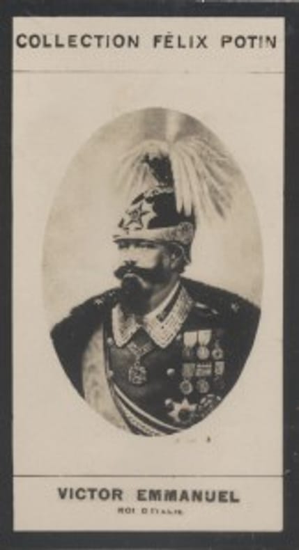 Photographie de la collection Félix Potin (4 x 7,5 cm) représentant : Victor Emmanuel II - Roi d'Italie.. VICTOR EMMANUEL II (Roi d'Italie) 