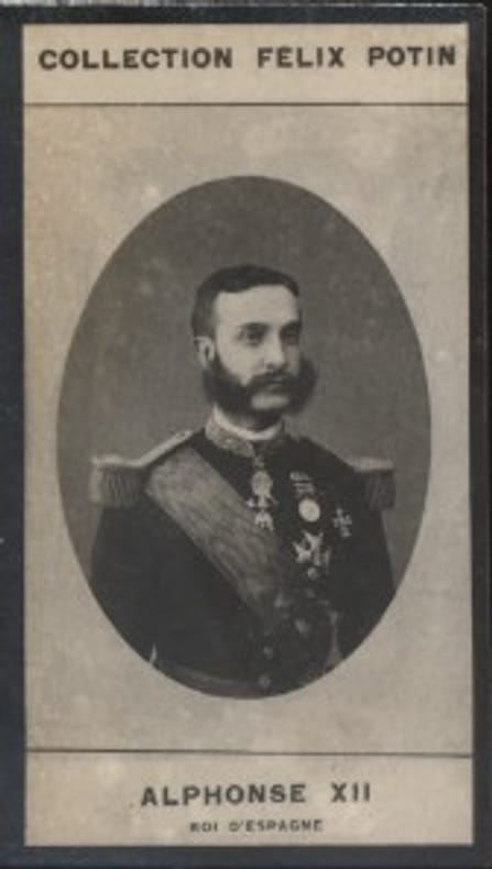 Photographie de la collection Félix Potin (4 x 7,5 cm) représentant : Alphonse XII - Roi d'Espagne.. ALPHONSE XII - Roi d'Espagne. 