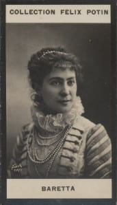 Photographie de la collection Félix Potin (4 x 7,5 cm) représentant : Baretta (Mme Worms), comédienne.