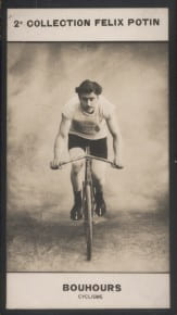 Photographie de la collection Félix Potin (4 x 7,5 cm) représentant : Jules Bouhours, cycliste.