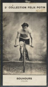 Photographie de la collection Félix Potin (4 x 7,5 cm) représentant : Jules Bouhours, cycliste.