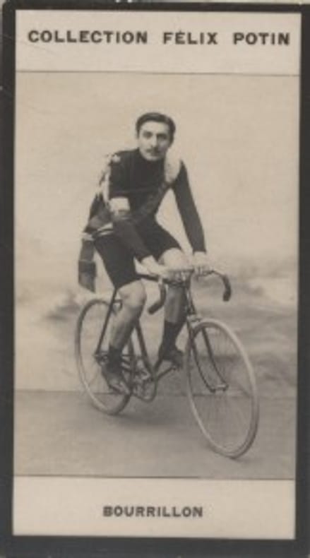 Photographie de la collection Félix Potin (4 x 7,5 cm) représentant : Bourrillon, cycliste.. BOURRILLON (Paul-Ernest) 