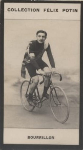 Photographie de la collection F&eacute;lix Potin (4 x 7,5 cm) repr&eacute;sentant : Bourrillon, cycliste.. BOURRILLON (Paul-Ernest) 