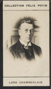 Photographie de la collection F&eacute;lix Potin (4 x 7,5 cm) repr&eacute;sentant : Lord Chamberlain, homme politique anglais.. CHAMBERLAIN Joseph (Lord) 