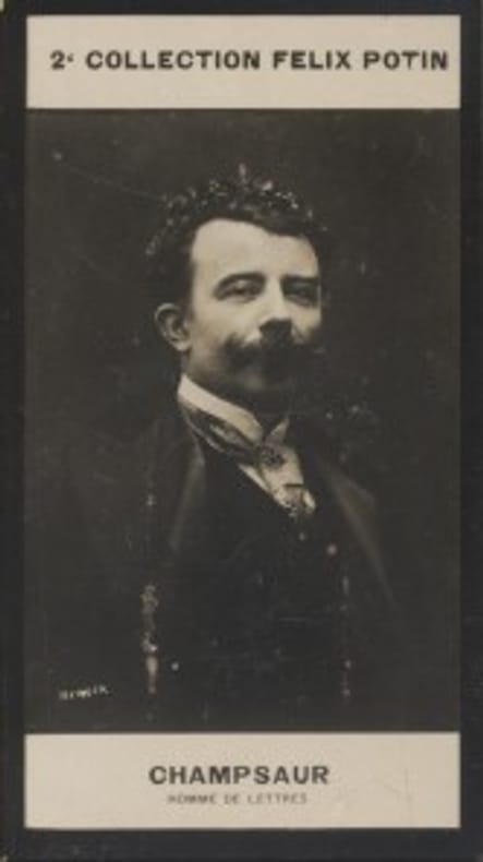 Photographie de la collection Félix Potin (4 x 7,5 cm) représentant : Félicien Champsaur, homme de lettres.. CHAMPSAUR (Félicien) - (Photo de la 2e ...