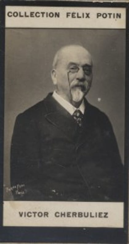 Photographie de la collection Félix Potin (4 x 7,5 cm) représentant : Victor Cherbuliez, homme de lettres.. CHERBULIEZ (Victor) Photo Pierre Petit.