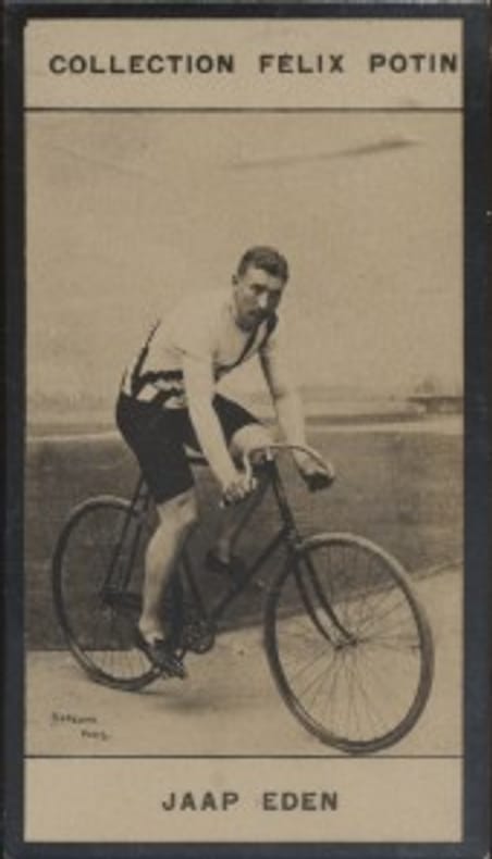 Photographie de la collection Félix Potin (4 x 7,5 cm) représentant : Jaap Eden, coureur cycliste.. EDEN (Jaap) Photo Barenne.