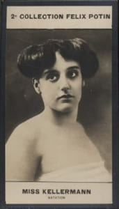 Photographie de la collection Félix Potin (4 x 7,5 cm) représentant : Miss Maud Kellermann.