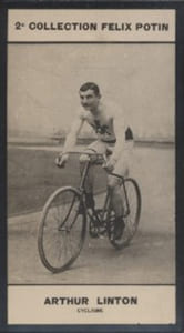 Photographie de la collection Félix Potin (4 x 7,5 cm) représentant : Arthur Linton, cycliste.
