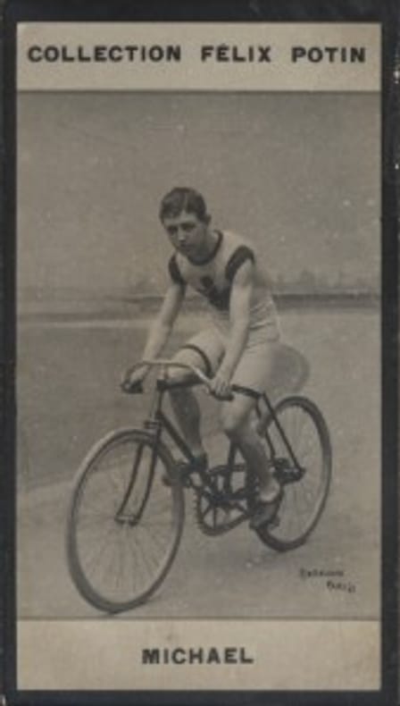 Photographie de la collection Félix Potin (4 x 7,5 cm) représentant : Michaël, coureur cycliste.. MICHAEL Photo Barenne.