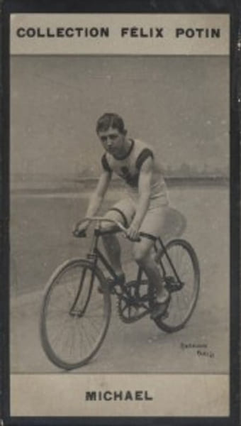 Photographie de la collection F&eacute;lix Potin (4 x 7,5 cm) repr&eacute;sentant : Micha&euml;l, coureur cycliste.. MICHAEL Photo Barenne.