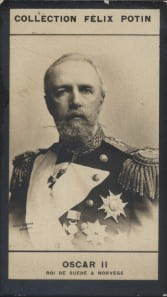 Photographie de la collection F&eacute;lix Potin (4 x 7,5 cm) repr&eacute;sentant : Oscar II, roi de Su&egrave;de et de Norv&egrave;ge.. OSCAR II (Roi de Su&egrave;de et de Norv&egrave;ge) 