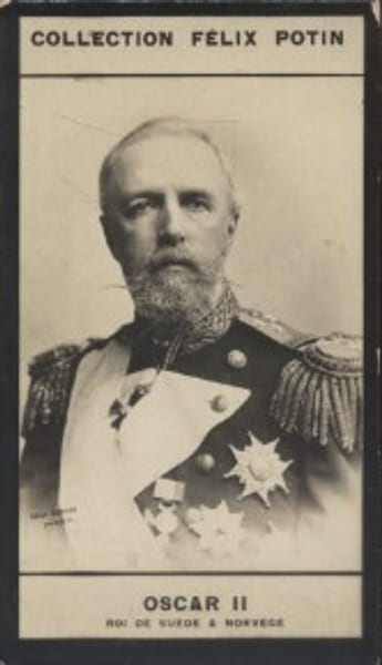 Photographie de la collection F&eacute;lix Potin (4 x 7,5 cm) repr&eacute;sentant : Oscar II, roi de Su&egrave;de et de Norv&egrave;ge.. OSCAR II (Roi de Su&egrave;de et de Norv&egrave;ge) 