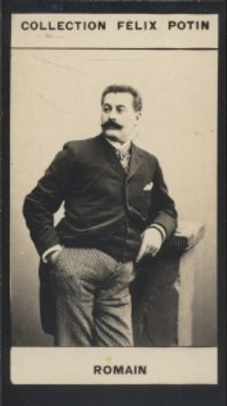 Photographie de la collection Félix Potin (4 x 7,5 cm) représentant : Romain, comédien.. ROMAIN 