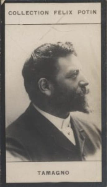 Photographie de la collection F&eacute;lix Potin (4 x 7,5 cm) repr&eacute;sentant : Francesco Tamagno, chanteur d'op&eacute;ra.. TAMAGNO Francesco 