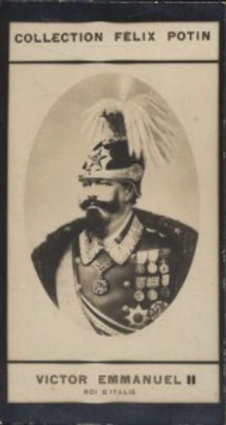 Photographie de la collection F&eacute;lix Potin (4 x 7,5 cm) repr&eacute;sentant : Victor Emmanuel II - Roi d'Italie.. VICTOR EMMANUEL II (Roi d'Italie) 