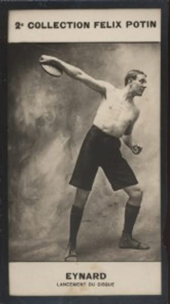 Photographie de la collection F&eacute;lix Potin (4 x 7,5 cm) repr&eacute;sentant : Eynard, lancement du disque.. EYNARD (Henri-Marius) - (Photo de la 2e collection ...