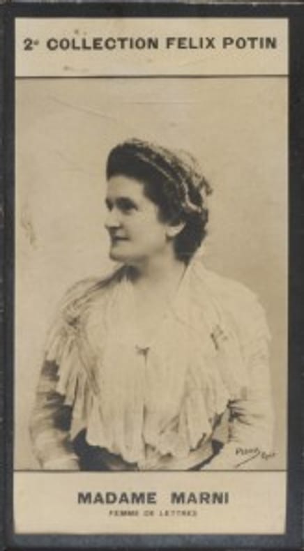 Photographie de la collection Félix Potin (4 x 7,5 cm) représentant : Madame J. Marni, femme de lettres.. MARNI (Mme J.) - (Photo de la 2e collection ...