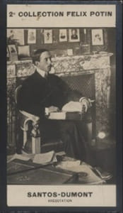 Photographie de la collection Félix Potin (4 x 7,5 cm) représentant : Alberto Santos-Dumont ( aérostation).