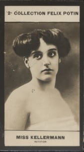 Photographie de la collection Félix Potin (4 x 7,5 cm) représentant : Miss Maud Kellermann.