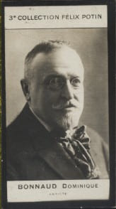 Photographie de la collection Félix Potin (4 x 7,5 cm) représentant : Dominique Bonnaud, artiste.