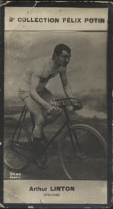 Photographie de la collection Félix Potin (4 x 7,5 cm) représentant : Arthur Linton, cycliste.