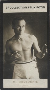 Photographie de la collection Félix Potin (4 x 7,5 cm) représentant : Bouzonnie, boxeur.. BOUZONNIE - (Photo de la 3e collection Félix Potin) 