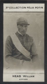 Photographie de la collection F&eacute;lix Potin (4 x 7,5 cm) repr&eacute;sentant : William Head, jockey.. HEAD William - (Photo de la 3e collection F&eacute;lix Potin) 