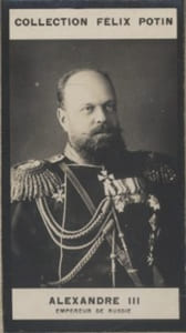 Photographie de la collection Félix Potin (4 x 7,5 cm) représentant : Empereur Alexandre III de Russie.