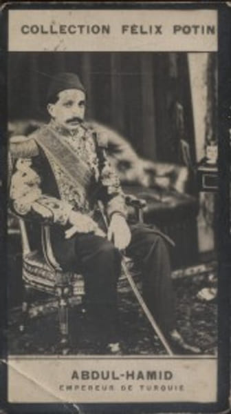 Photographie de la collection F&eacute;lix Potin (4 x 7,5 cm) repr&eacute;sentant : Abd-Ul-Hamid - Empereur de Turquie.. ABDUL-HAMID - Empereur de Turquie 